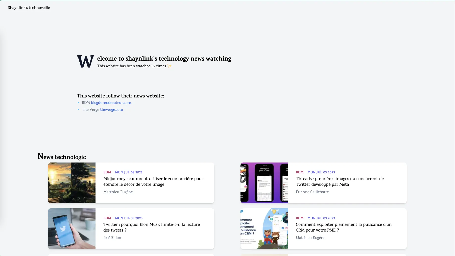 Home screen of shaynlink's technoveille website